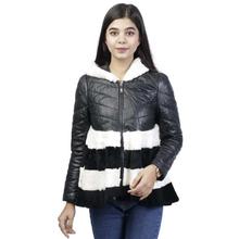 Black PU Leather Fur Hooded Jacket For Women