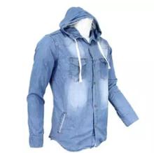 Blue Washed Denim Hooded Shirt For Men