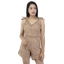 Beige Floral Embroidered Short Jumpsuit For Women