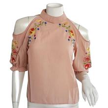 Peach Floral Embroidered Shoulder Cut Top For Women