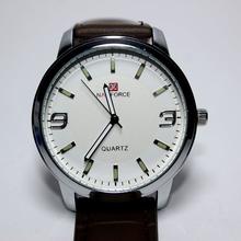Naviforce Analog Watch For Gents White Dial Brown Leather Strap
