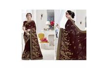 Embroidered Saree With Unstitched Blouse For Women-Brown