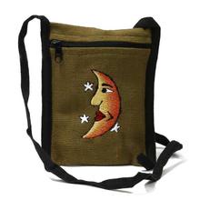 Dark Yellow Hemp Moon Embroidered Sling Bag For Women