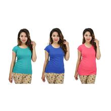 Pack of 3 Cotton Plain T-Shirt For Women- Teal/Blue/Pink