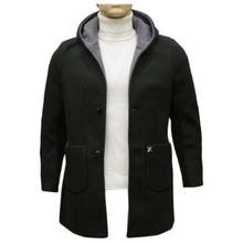 Dark Green Woolen Solid Hooded Long Coat For Men