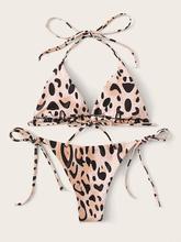 Leopard Halter Top With Tie Side Bikini Set