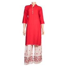 Plain Straight Kurti with white buttom - Red