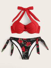 Twist Underwired Top With Random Floral Tie Side Bikini