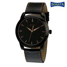 Sonata 7924NL01 Black Dial Analog Leather Strap Watch For Men