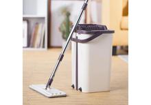 Flat Scratch Cleaning Mop with Bucket Hands-Free Microfiber Flat Spin Mop with 2 Microfiber Pads, Stainless Steel Handle