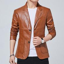 Faux Leather Solid Two Button Men Business Jacket