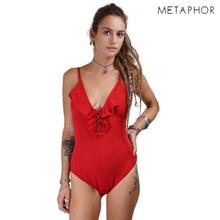 METAPHOR Red Front Knot Solid Swimsuit For Women(Plus Size) - MSS04K