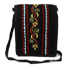 Black Hemp Colorful Embroidered Sling Bag For Women