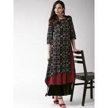 Women Black & Maroon Solid A-Line Kurta with Printed Layer