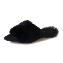Fur Double Belt Fox Warm Plush Slippers Rabbit Hair Pointed Toe Slides Flats Hair Ball Winter Loafers