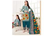 Printed Cotton Kurta Set For Women-Teal Green/Yellow