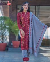 Aamayra Fashion House Maroon A' Cut Woolen Kurti With Brown Pant And Shawl Set For Women