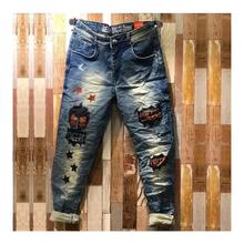 Hifashion Casual Jeans Printed Design Pants For Men-Dark Blue