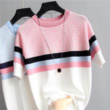 shintimes Plaid T Shirt Women Striped Tshirt Knitted