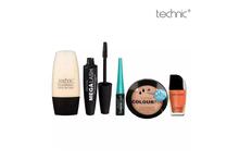 Technic Combo Of 5 Technic Mascara,Liquid Eyeliner,Technic Foundation-Light ,Technic Pressed Powder-Bisque,Wet n Wild Nail Polish- 473 B Blazed