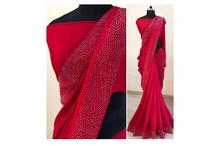 Red Studded Saree With Unstitched Blouse For Women