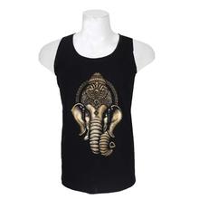 Black Cotton 'Ganesh' Printed Tank Top For Men