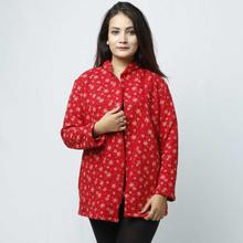 Red Floral Printed Cotton Jacket For Women