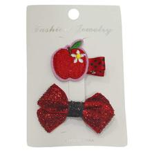 Red Apple And Bow Hair Clips Set For Girls - 2 Pcs