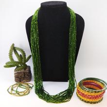 Green Chunky Potey Mala And 12 pcs Green/Red Stone Studded Bangles With Free Crystal Potey