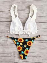 Ribbed Frill Trim Top With Floral Tanga Bikini