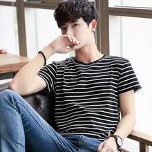 Men's striped t-shirt_-men's summer round neck short-sleeved