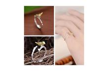 925 Silver Tree Branch Gold Bird Resizable Open Knuckle Ring