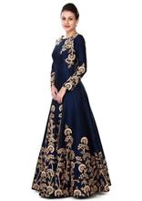 Navy Floral Embroidered Semi-Stitched Anarkali Gown For Women