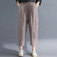 Cotton linen cropped pants _ loose loose plaid cotton