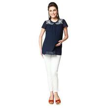 Nine Maternity Navy Blue Floral Embroidered Top For Women - 5311