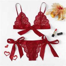 COLROVIE Red Christmas Scalloped Trim Tie Side Sexy Lingerie Set