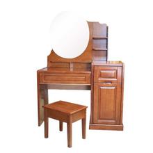 Reddish Brown Dressing Table With Oval Mirror and Stool