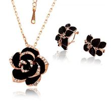 Fashion Rose Flower Enamel Jewelry Set Rose Gold Color Black