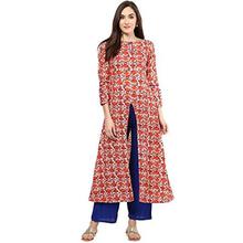 Jaipur Kurti Coral Block Print Kurta With Blue Palazzo Set