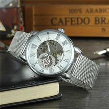 Forsining GMT838-65 Skeleton Hand Winding Mechanical Watch with Mesh Band - White/Silver