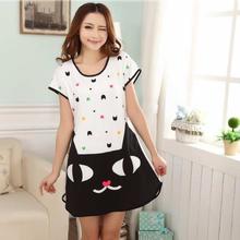 Night Cat Cartoon Printed Short Sleeve Sleepwear For Women