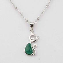 Ouxi Silver/White Green Stone Embellished Cat Pendant With Chain For Women-K10308