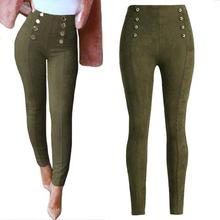 Anself High Waist Faux Suede Pants Women Winter Elastic Stretch Slim