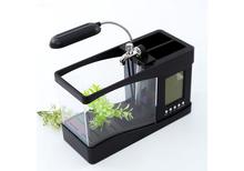 USB Mini Fish Tank Desktop Electronic Aquarium Fish Tank With Running Water, LED  Light ,Clock  & Pen Holder