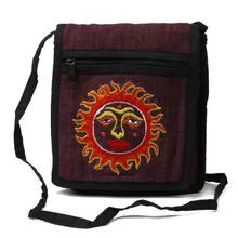 Dark Maroon Hemp Sun Embroidered Sling Bag For Women