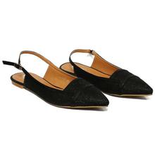 Black Pointed Ankle Strap Flat Sandals For Women