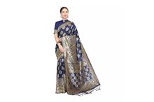 Navy Blue/Golden Banarasi Silk Saree With Unstitched Blouse For Women