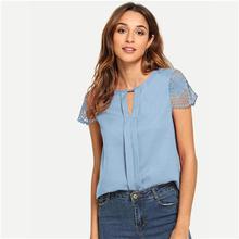 SHEIN Blue V-cut Neck Lace Hollow out Short Sleeve Keyhole