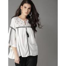 Casual 3/4 Sleeve Embroidered Women White Top