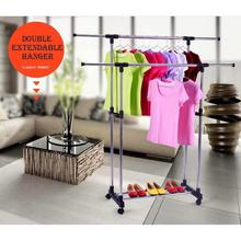 Double Rolling Rail Adjustable Portable Clothes Garment Rack Hanger (5.2ft Long, Silver)